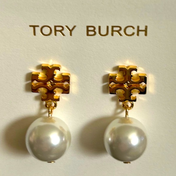 AUTHENTIC TORY BURCH crystal ivory logo pearl dangle post earrings new on card - Picture 3 of 7